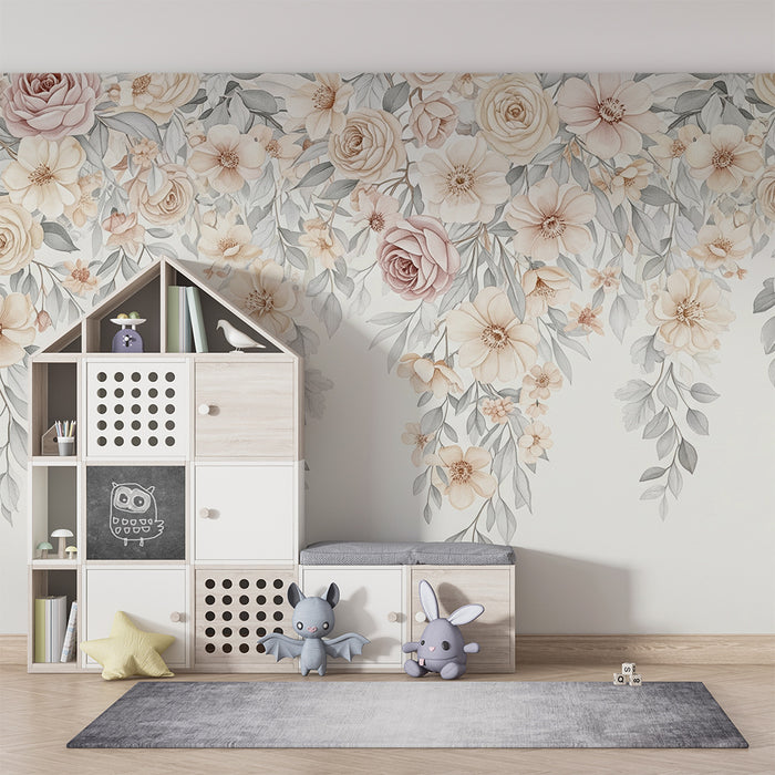Babykamer behang | Bloemen en shabby chic vallend bladwerk