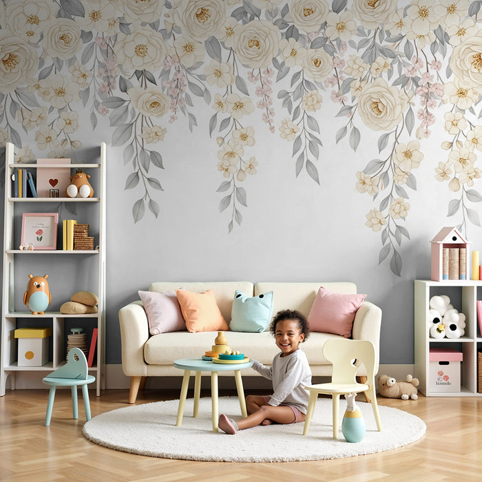 Babykamer behang | Bloemen en hangende bladeren