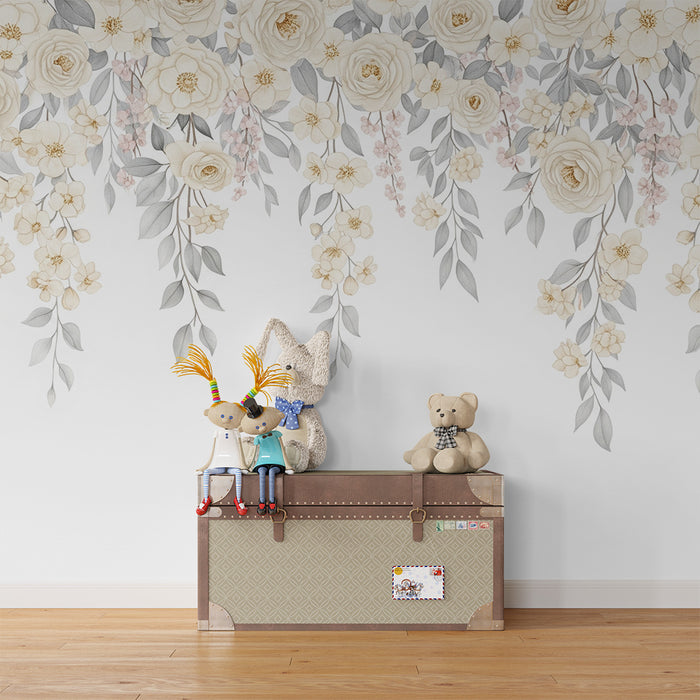 Babykamer behang | Bloemen en hangende bladeren