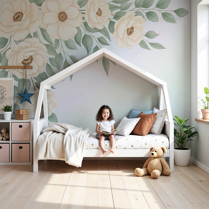 Babykamer behang | Bloemen en vallend blad op een verloop achtergrond