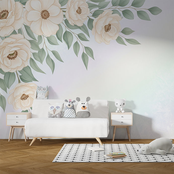 Babykamer behang | Bloemen en vallend blad op een verloop achtergrond