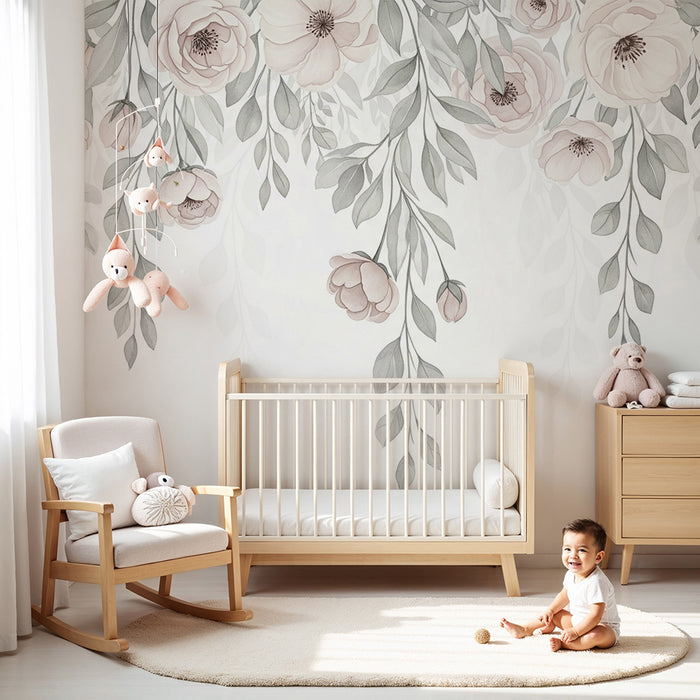 Babykamer behang | Bloemen en vallend blad in pastelkleuren