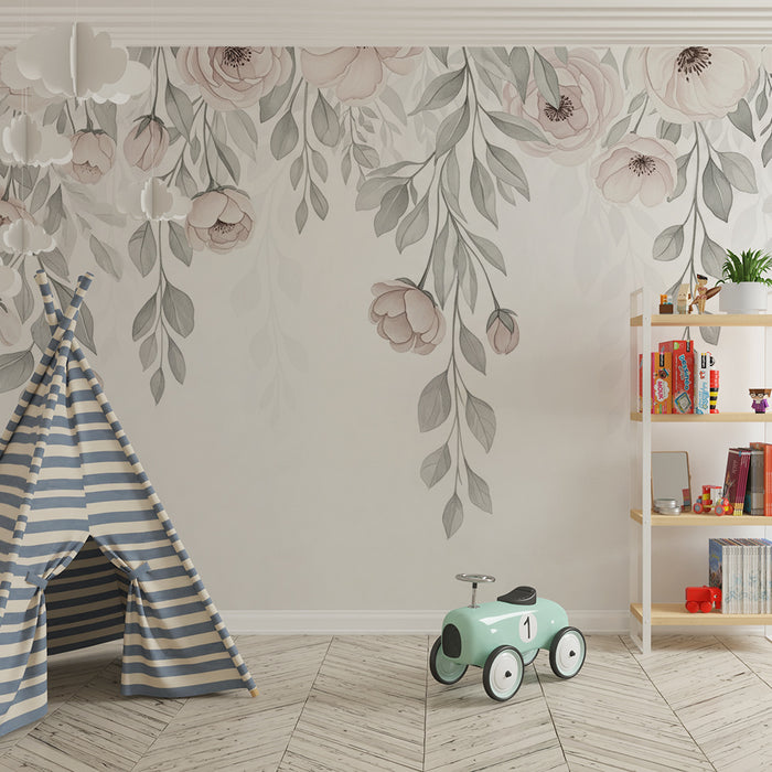 Babykamer behang | Bloemen en vallend blad in pastelkleuren