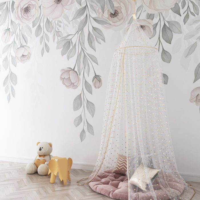 Babykamer behang | Bloemen en vallend blad in pastelkleuren
