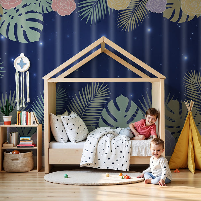 Babykamer behang | Tropische bloemen en bladeren op een sterrenachtergrond