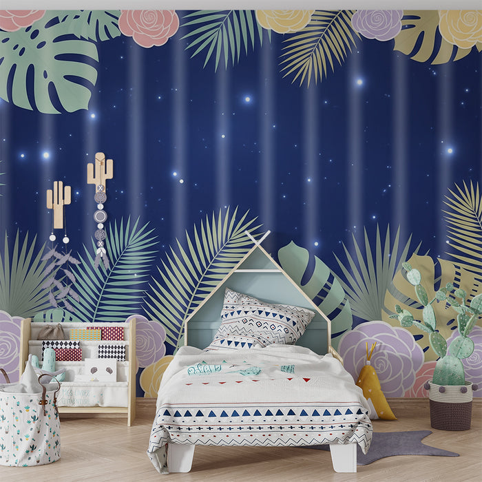 Babykamer behang | Tropische bloemen en bladeren op een sterrenachtergrond