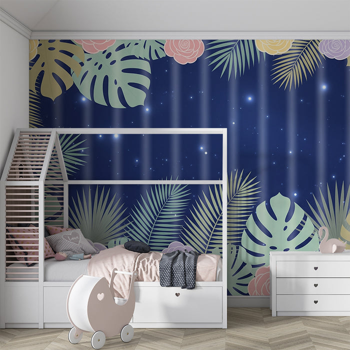 Babykamer behang | Tropische bloemen en bladeren op een sterrenachtergrond