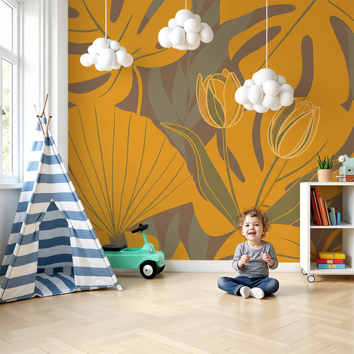 Papier peint chambre bébé | Fleurs et feuillages dans des teintes dorées et vertes