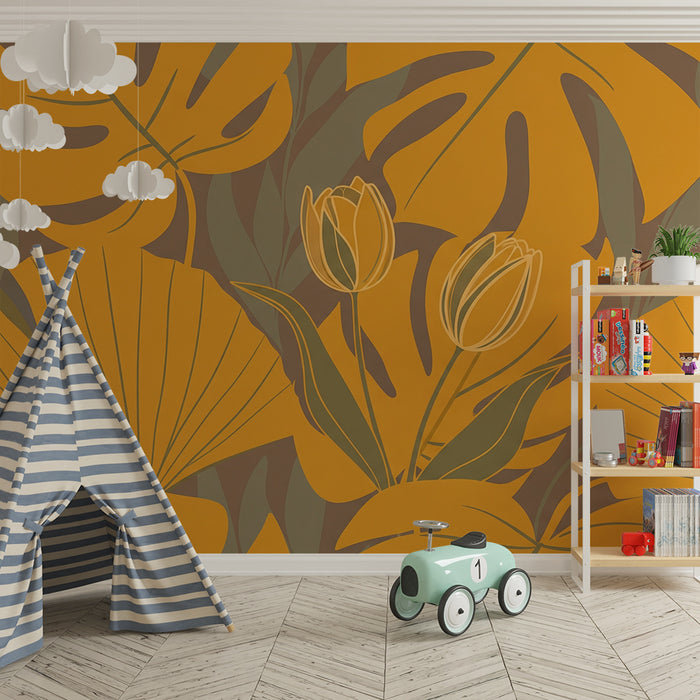 Papier peint chambre bébé | Fleurs et feuillages dans des teintes dorées et vertes