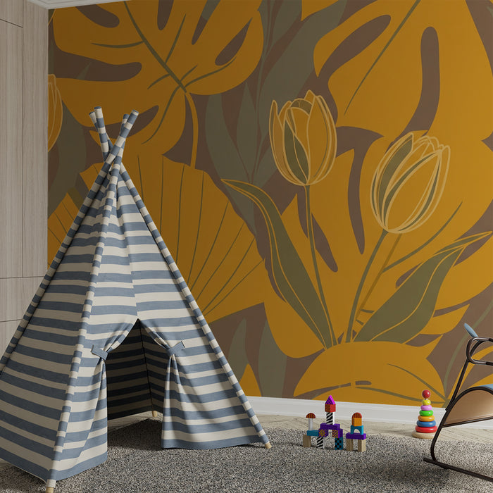 Papier peint chambre bébé | Fleurs et feuillages dans des teintes dorées et vertes