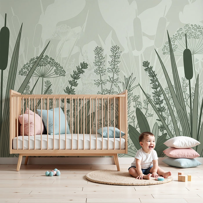 Papier peint chambre bébé | Fleurs et feuillages délicats dans des tons doux