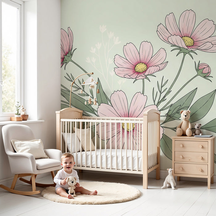Papier peint chambre bébé | Fleurs et fond pastel vert