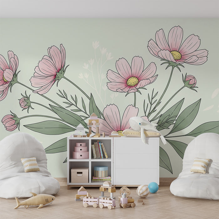 Papier peint chambre bébé | Fleurs et fond pastel vert