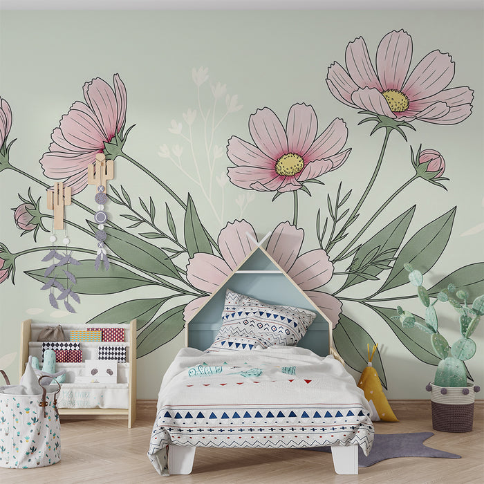 Papier peint chambre bébé | Fleurs et fond pastel vert