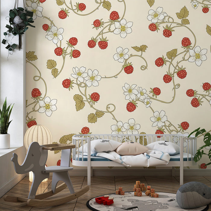 Papier peint chambre bébé | Fleurs et framboises sur fond crème