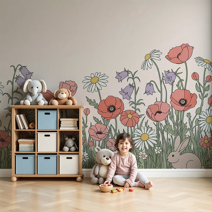 Babykamer behang | Bloemen en konijntjes in een betoverde tuin