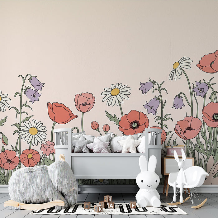Babykamer behang | Bloemen en konijntjes in een betoverde tuin