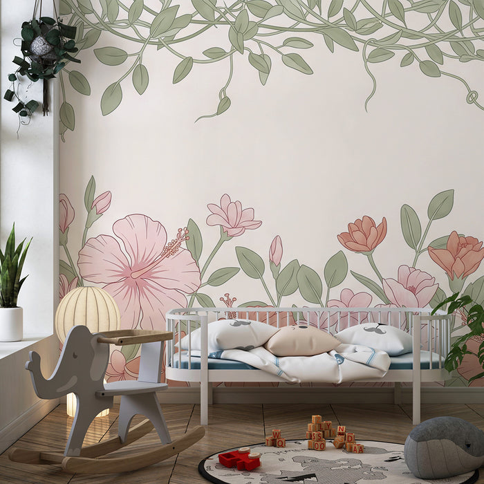 Papier peint chambre bébé | Fleurs et lianes sauvages