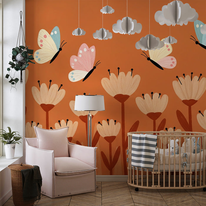 Babykamer behang | Kleurrijke bloemen en vlinders