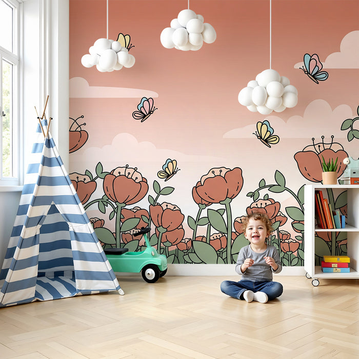 Babykamer behang | Bloemen en vlinders in een pastelkleurige lucht