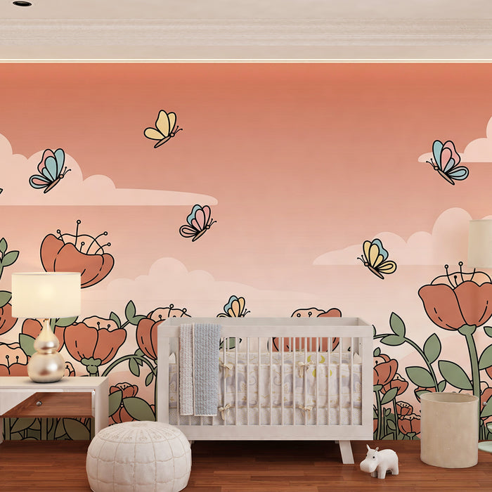 Babykamer behang | Bloemen en vlinders in een pastelkleurige lucht