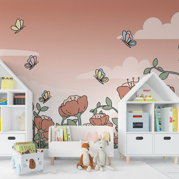 Babykamer behang | Bloemen en vlinders in een pastelkleurige lucht