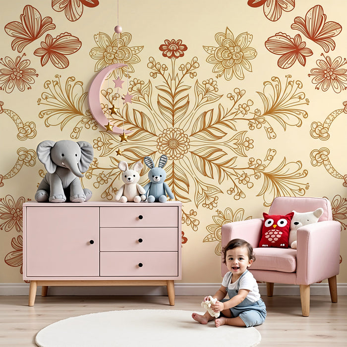 Papier peint chambre bébé | Fleurs et papillons délicats