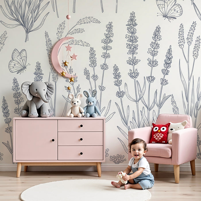 Papel de parede para quarto de bebé | Flores e borboletas em esboço delicado