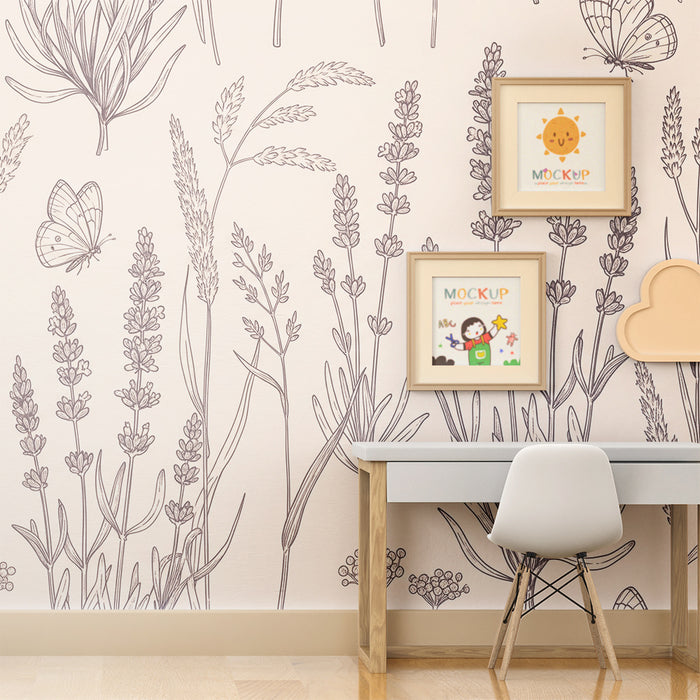 Papel de parede para quarto de bebé | Flores e borboletas em esboço delicado