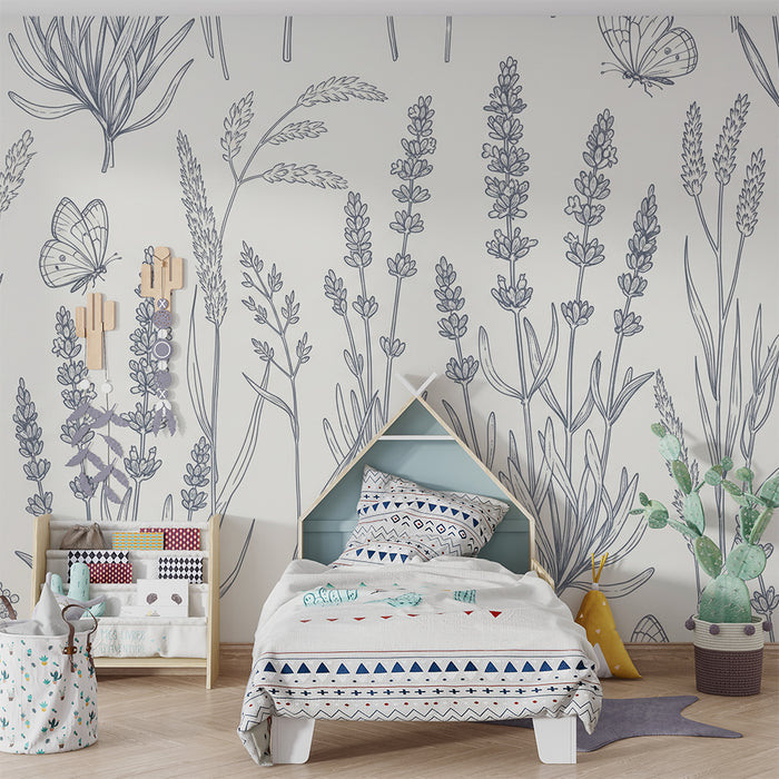 Papel de parede para quarto de bebé | Flores e borboletas em esboço delicado