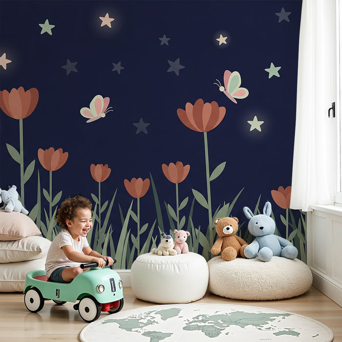 Tapet cameră bebeluși | Flori și fluturi sub stele