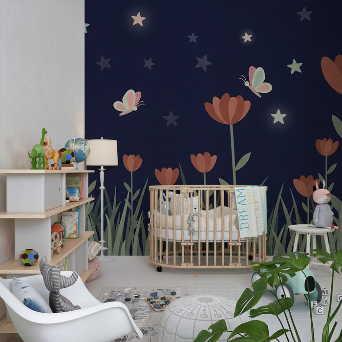 Tapet cameră bebeluși | Flori și fluturi sub stele