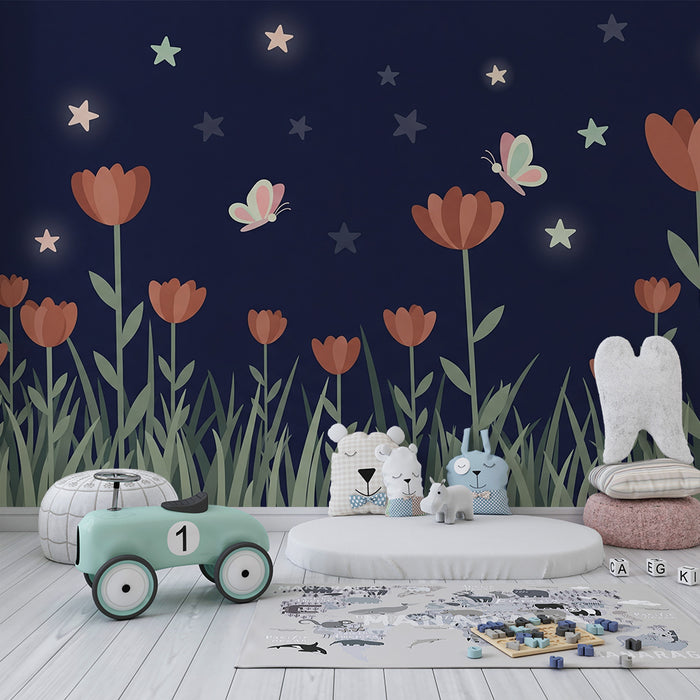 Tapet cameră bebeluși | Flori și fluturi sub stele