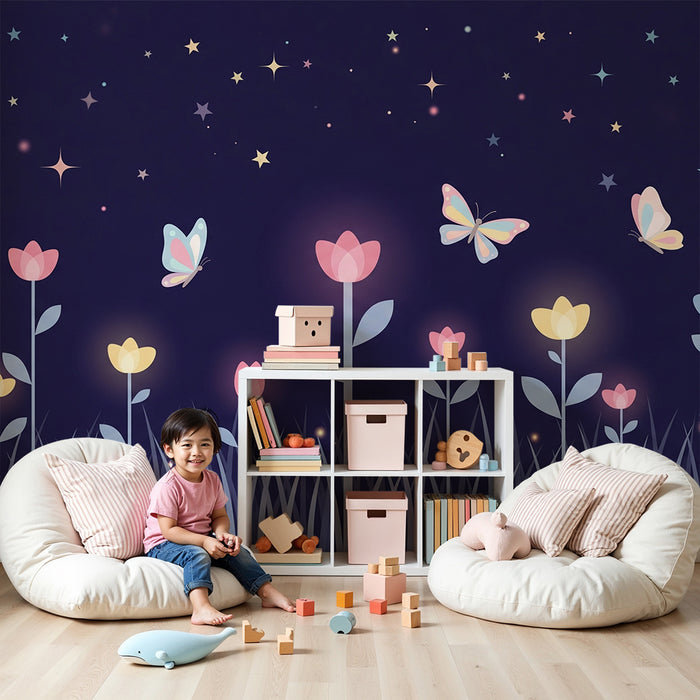 Papel de parede quarto bebê | Cvijeće i leptiri pod zvjezdanim nebom