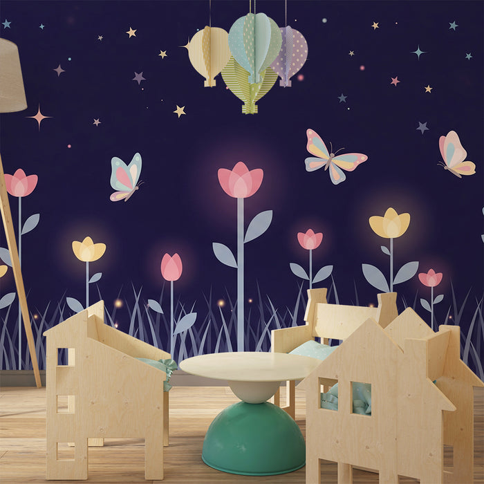 Papel de parede quarto bebê | Cvijeće i leptiri pod zvjezdanim nebom