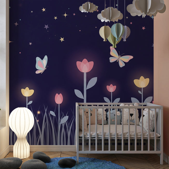 Papel de parede quarto bebê | Cvijeće i leptiri pod zvjezdanim nebom