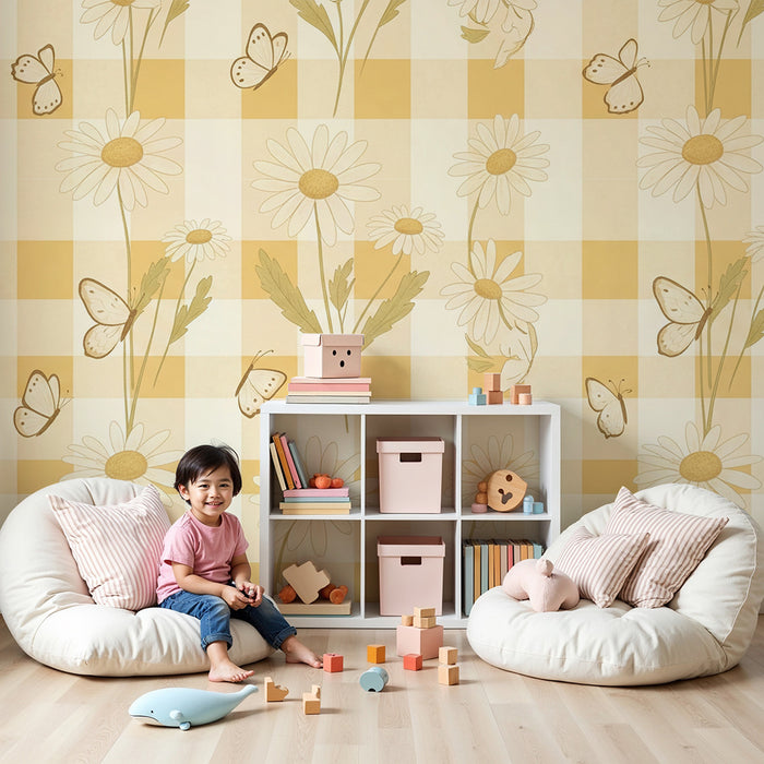 Baby nursery wallpaper | Flowers and butterflies on a yellow gingham background