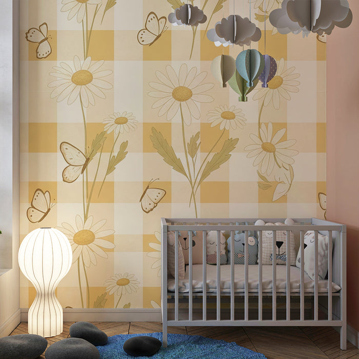 Baby nursery wallpaper | Flowers and butterflies on a yellow gingham background