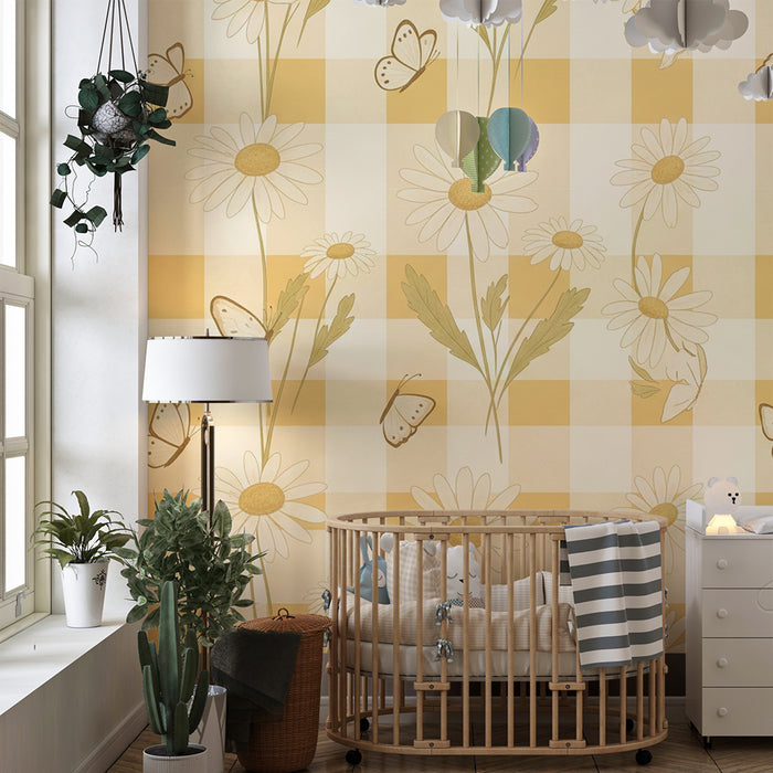 Baby nursery wallpaper | Flowers and butterflies on a yellow gingham background