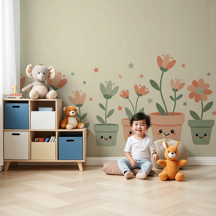Nursery Wallpaper | Cute Flowers and Pots with Pastel Stars