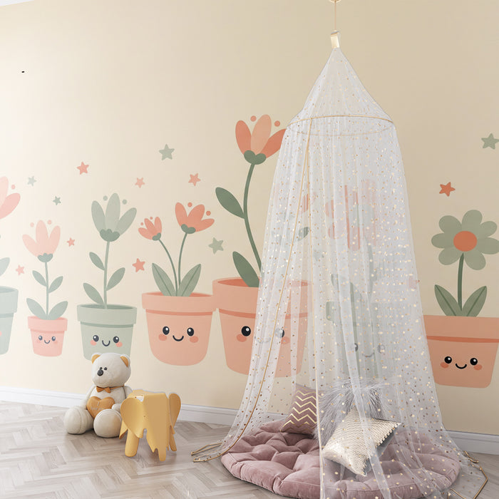 Nursery Wallpaper | Cute Flowers and Pots with Pastel Stars