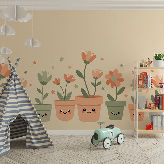 Nursery Wallpaper | Cute Flowers and Pots with Pastel Stars