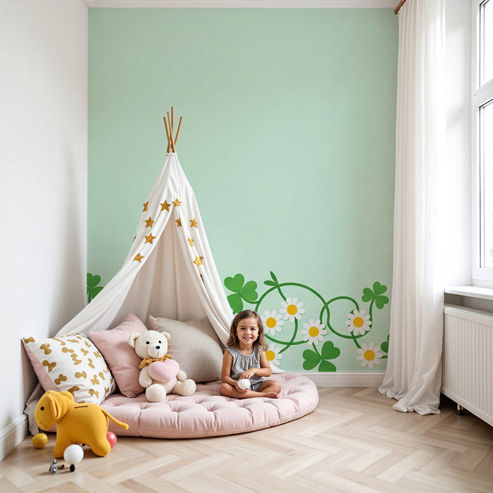 Papier peint chambre bébé | Fleurs et trèfles sur fond vert doux