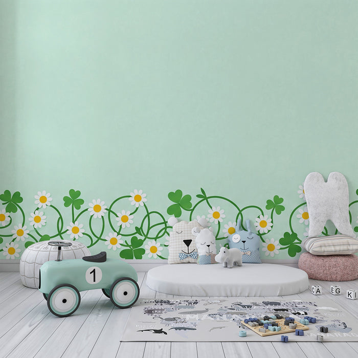 Papier peint chambre bébé | Fleurs et trèfles sur fond vert doux