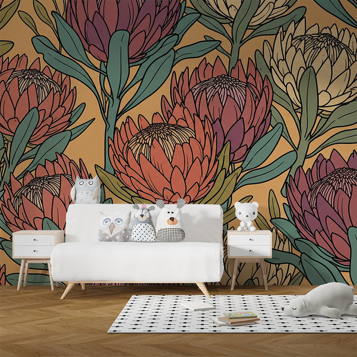Tapet barnerom | Eksotiske blomster i myke farger på varm bakgrunn