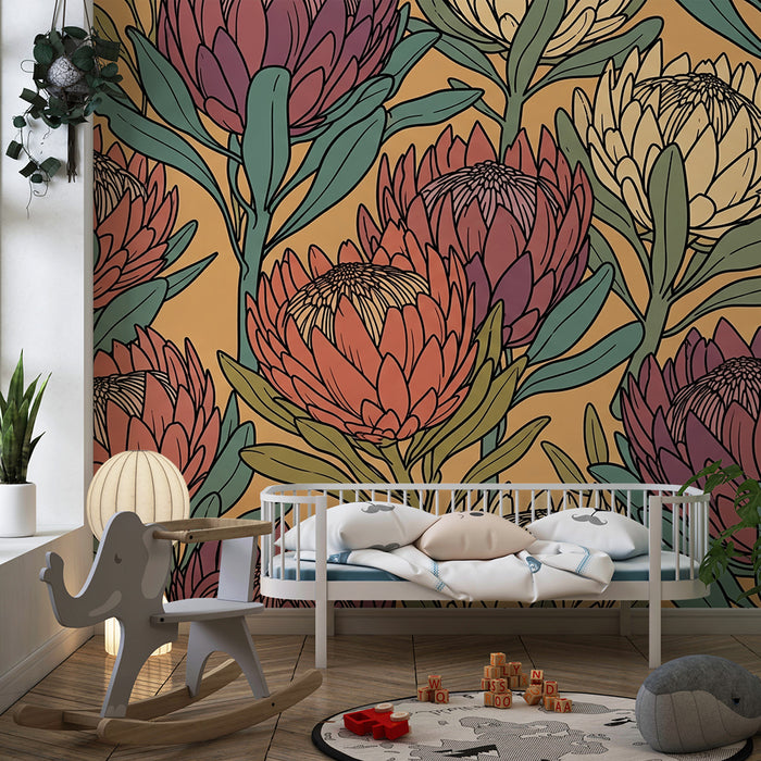 Tapet barnerom | Eksotiske blomster i myke farger på varm bakgrunn