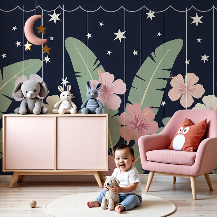 Babykamer behang | Exotische bloemen en fonkelende sterren