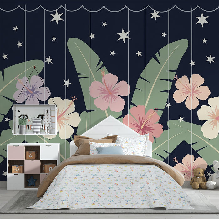 Babykamer behang | Exotische bloemen en fonkelende sterren