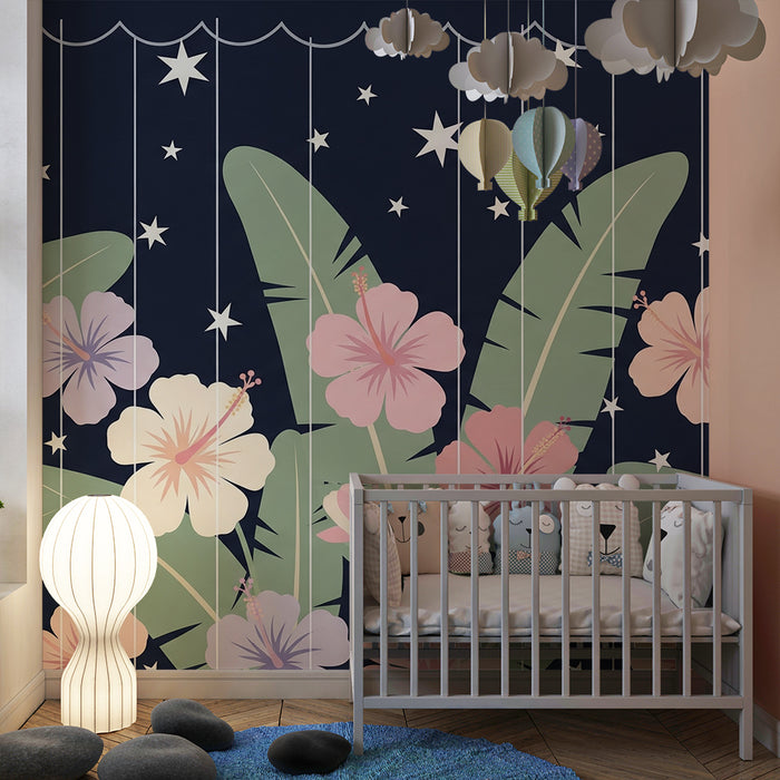 Babykamer behang | Exotische bloemen en fonkelende sterren