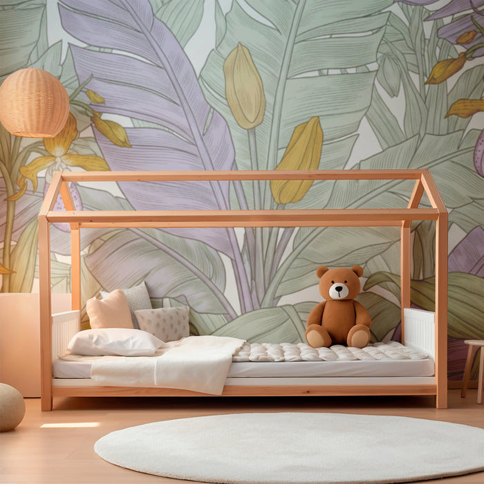 Barntapet | Exotiska blommor och delikat lövverk i pastellfärger